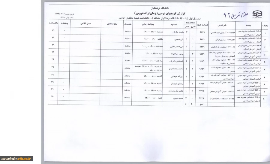 دانلود فرمایید(دروس انتخابی ترم اول 94 به تفکیک رشته) 3